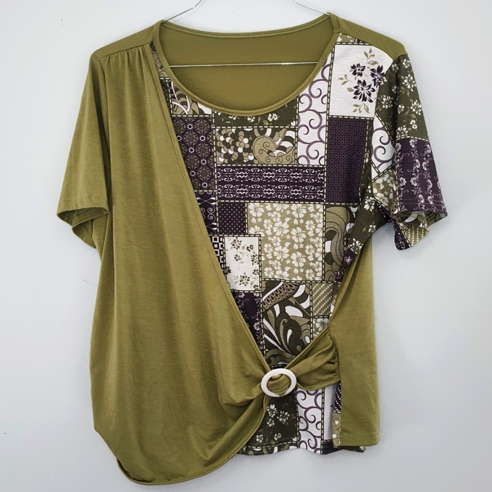 Short Sleeve Embellished T Shirt Size XL Casual Spring Summer Patchwork  Print